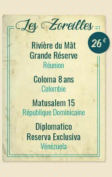 Rivi&egrave;re du M&acirc;t Grande R&eacute;serve (R&eacute;union), Coloma 8&thinsp;ans (Colombie), Matusalem&nbsp;15 (R&eacute;publique Dominicaine), Diplomatico Reserva Exclusiva (V&eacute;n&eacute;zuela)